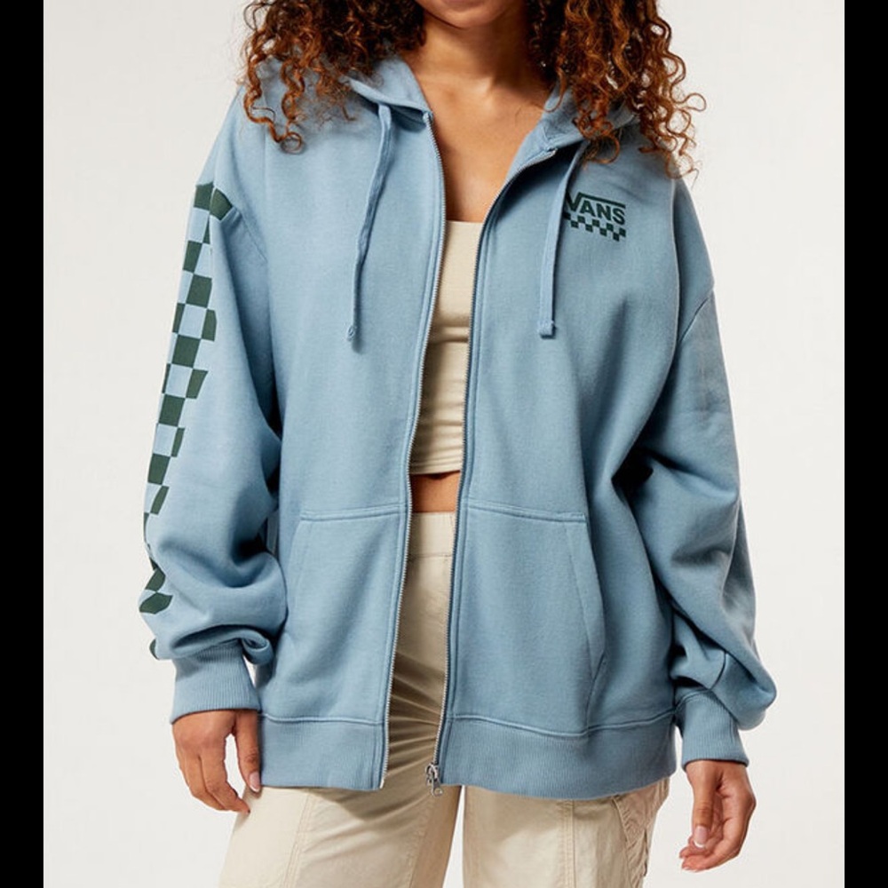 Vans Women's oversized Light Blue Zip Hoodie with Checker logo sleeves